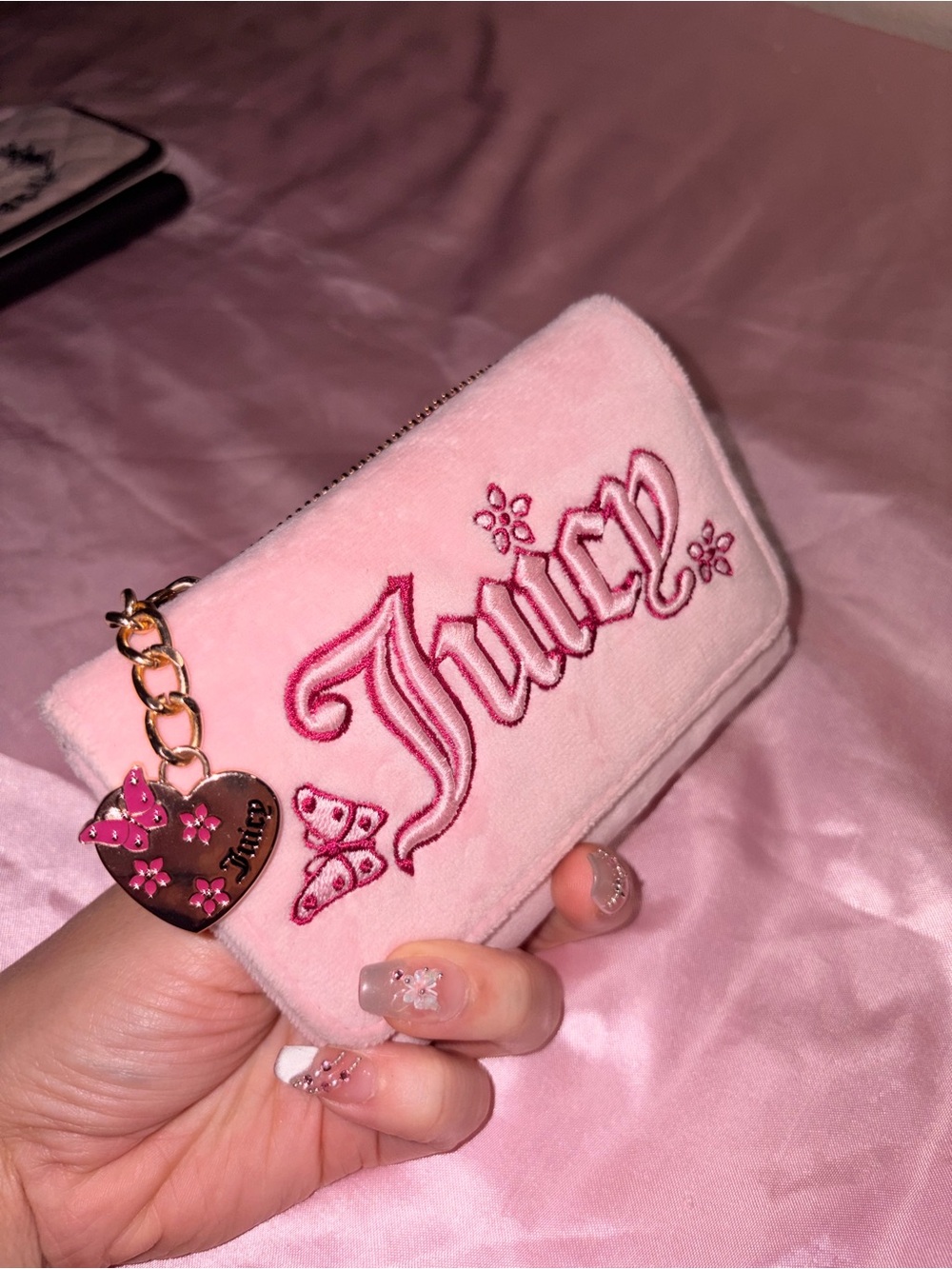 Juicy Couture Pink Velvet Embroidered Logo Cosmetic Pouch with Heart Charm